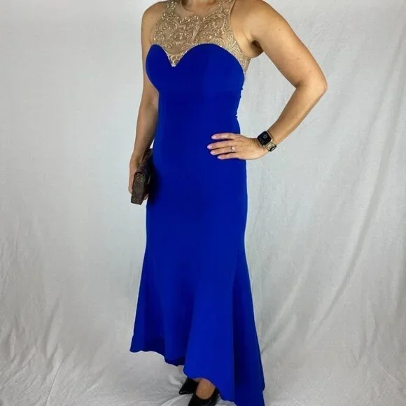 Marchesa Notte Blue Gold Lace Formal Gown $995 - Picture 5 of 11